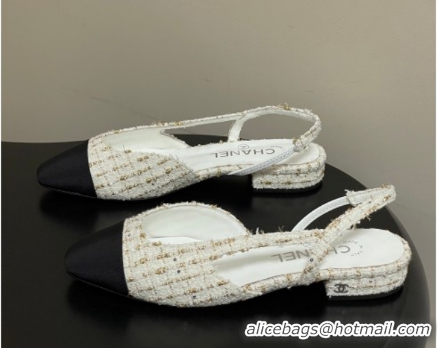 Best Product Chanel Tweed & Grosgrain Slingbacks Flat G31319 White/Black/Gold 2026