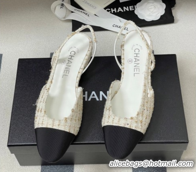 Best Product Chanel Tweed & Grosgrain Slingbacks Flat G31319 White/Black/Gold 2026