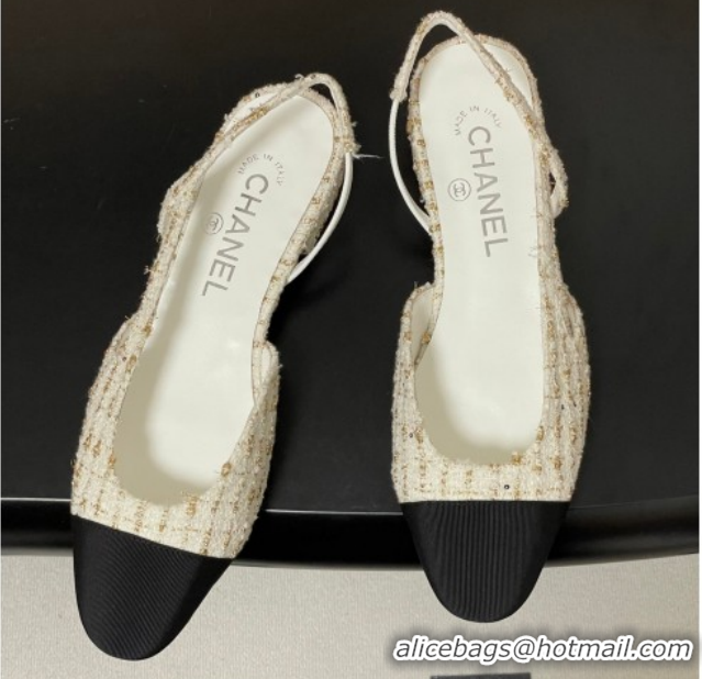 Best Product Chanel Tweed & Grosgrain Slingbacks Flat G31319 White/Black/Gold 2026