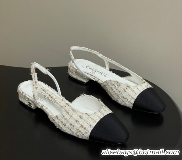 Best Product Chanel Tweed & Grosgrain Slingbacks Flat G31319 White/Black/Gold 2026