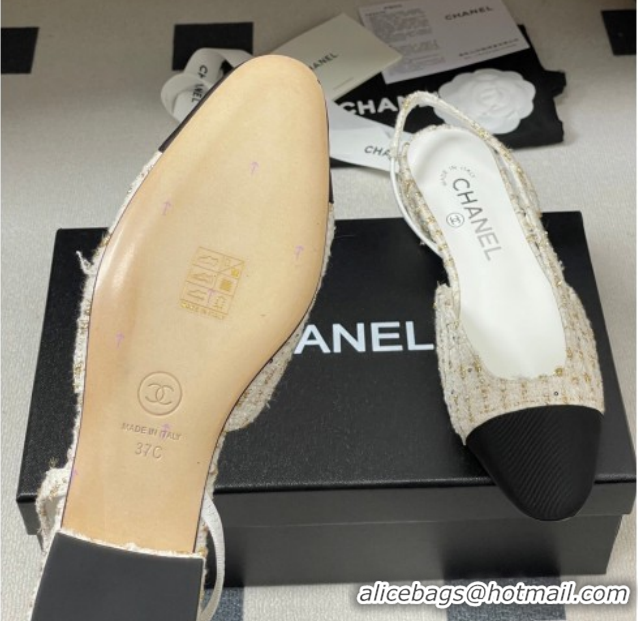 Best Product Chanel Tweed & Grosgrain Slingbacks Flat G31319 White/Black/Gold 2026