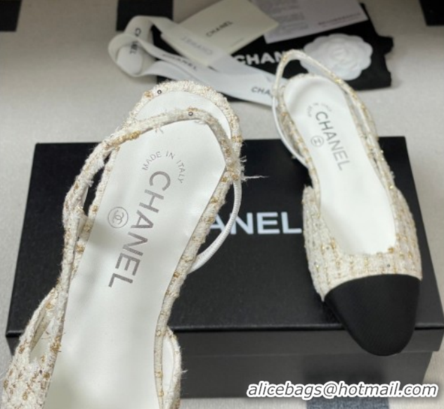 Best Product Chanel Tweed & Grosgrain Slingbacks Flat G31319 White/Black/Gold 2026