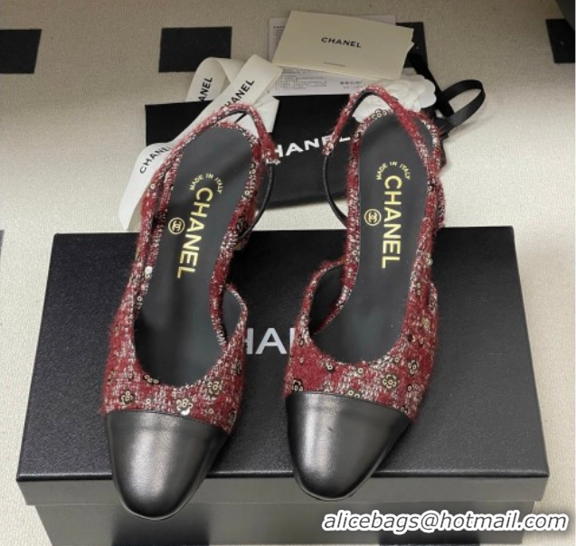 Purchase Chanel Camellia Tweed & Lambskin Leather Slingbacks Pump 6.5cm G31318 Burgundy 2026