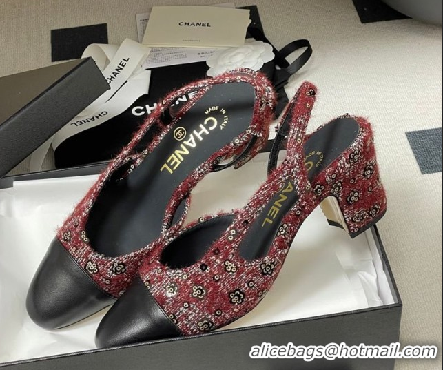 Purchase Chanel Camellia Tweed & Lambskin Leather Slingbacks Pump 6.5cm G31318 Burgundy 2026