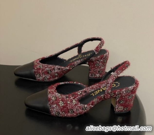 Purchase Chanel Camellia Tweed & Lambskin Leather Slingbacks Pump 6.5cm G31318 Burgundy 2026