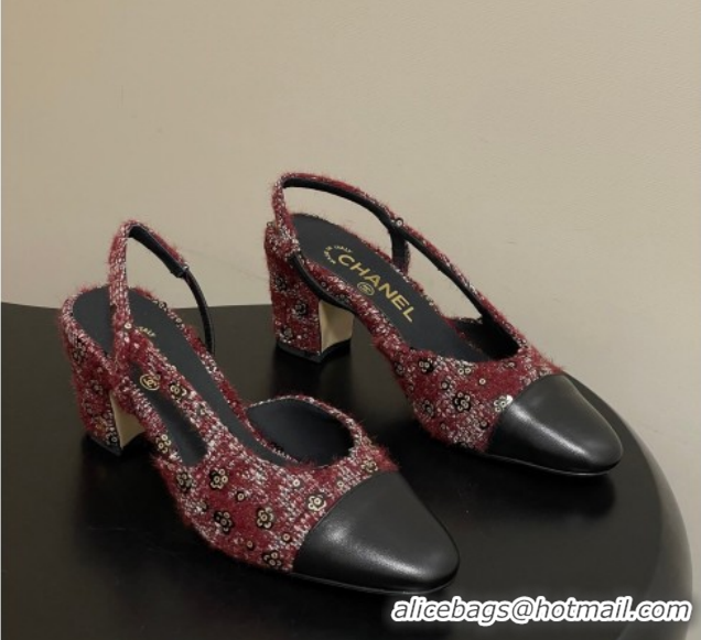 Purchase Chanel Camellia Tweed & Lambskin Leather Slingbacks Pump 6.5cm G31318 Burgundy 2026