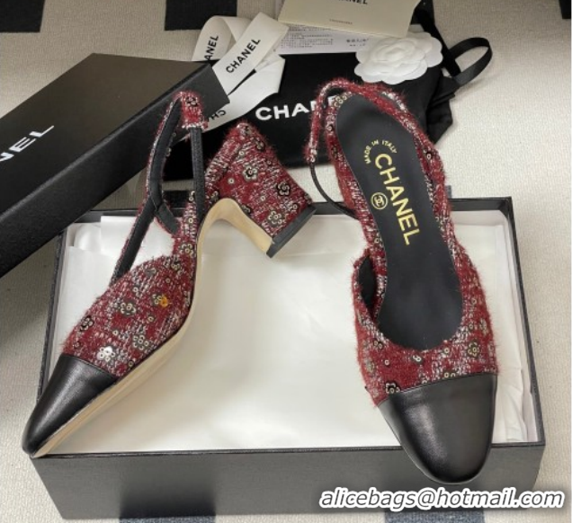 Purchase Chanel Camellia Tweed & Lambskin Leather Slingbacks Pump 6.5cm G31318 Burgundy 2026