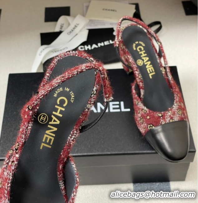 Purchase Chanel Camellia Tweed & Lambskin Leather Slingbacks Pump 6.5cm G31318 Burgundy 2026