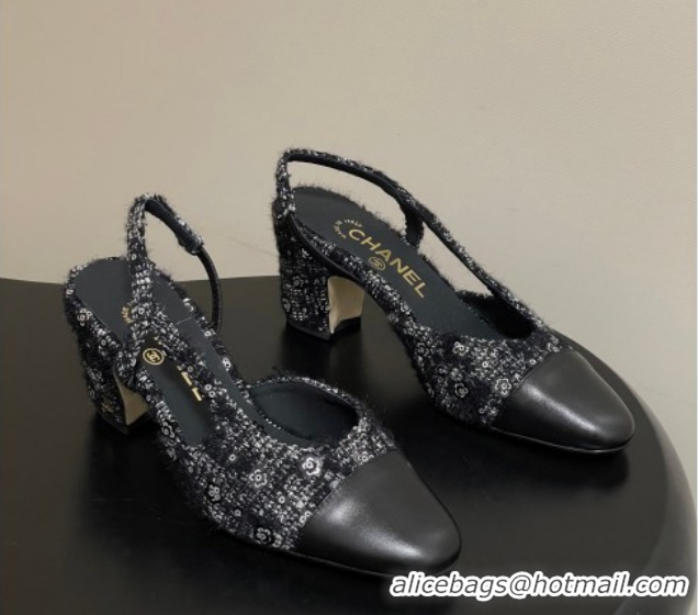 Cheap Price Chanel Camellia Tweed & Lambskin Leather Slingbacks Pump 6.5cm G31318 Black 2026