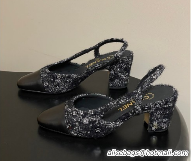 Cheap Price Chanel Camellia Tweed & Lambskin Leather Slingbacks Pump 6.5cm G31318 Black 2026