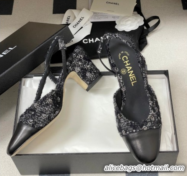 Cheap Price Chanel Camellia Tweed & Lambskin Leather Slingbacks Pump 6.5cm G31318 Black 2026