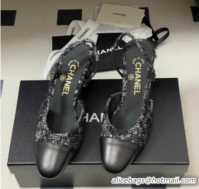 Cheap Price Chanel Camellia Tweed & Lambskin Leather Slingbacks Pump 6.5cm G31318 Black 2026