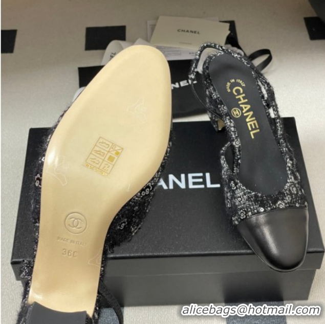 Cheap Price Chanel Camellia Tweed & Lambskin Leather Slingbacks Pump 6.5cm G31318 Black 2026