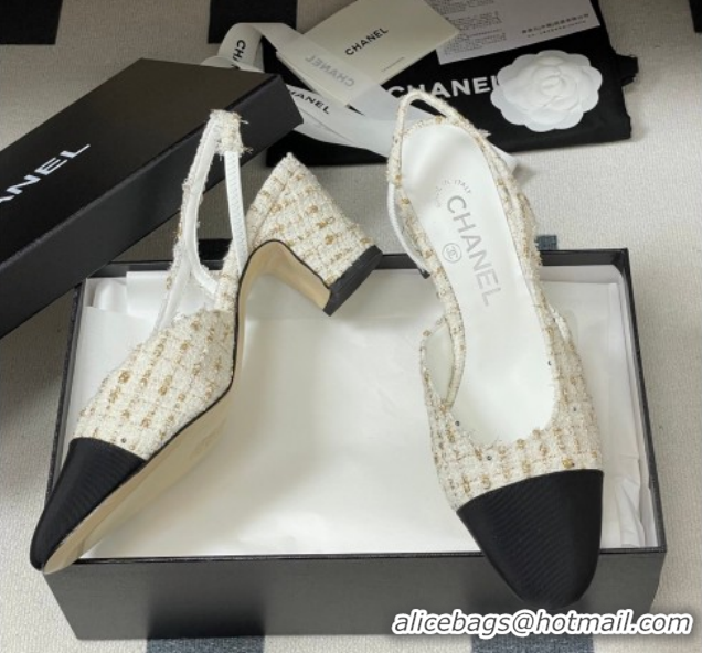 Low Cost Chanel Tweed &Grosgrain Slingbacks Pump 6.5cm G31318 White/Black/Gold 2026