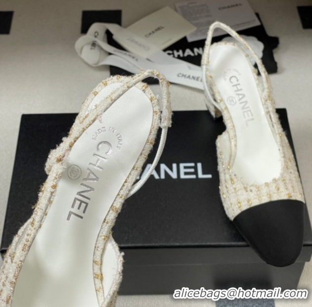 Low Cost Chanel Tweed &Grosgrain Slingbacks Pump 6.5cm G31318 White/Black/Gold 2026