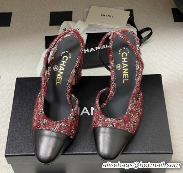 Good Product Chanel Camellia Tweed & Lambskin Leather Slingbacks Pump 9cm G45509 Burgundy/Black 2026