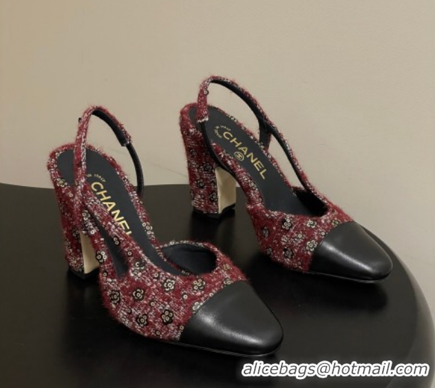 Good Product Chanel Camellia Tweed & Lambskin Leather Slingbacks Pump 9cm G45509 Burgundy/Black 2026