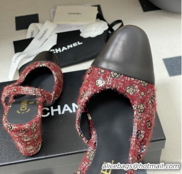 Good Product Chanel Camellia Tweed & Lambskin Leather Slingbacks Pump 9cm G45509 Burgundy/Black 2026