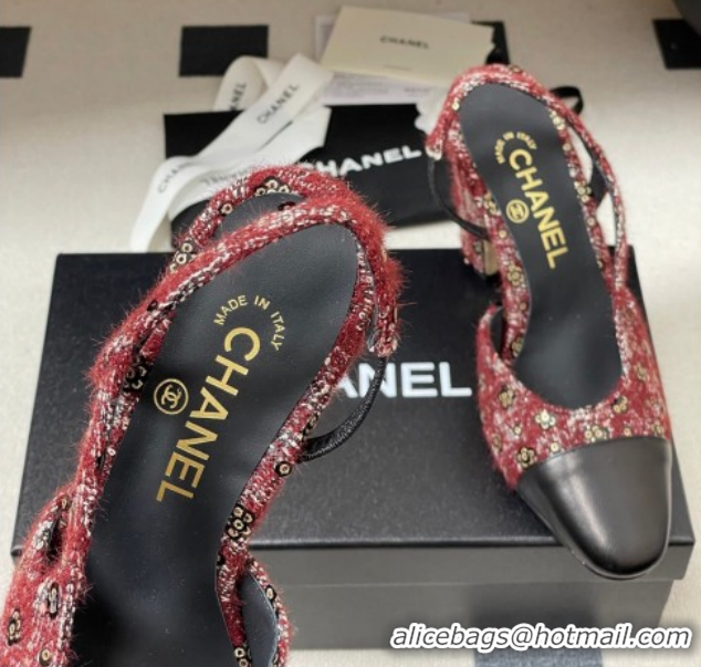 Good Product Chanel Camellia Tweed & Lambskin Leather Slingbacks Pump 9cm G45509 Burgundy/Black 2026