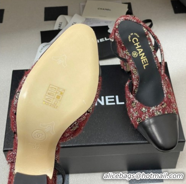 Good Product Chanel Camellia Tweed & Lambskin Leather Slingbacks Pump 9cm G45509 Burgundy/Black 2026