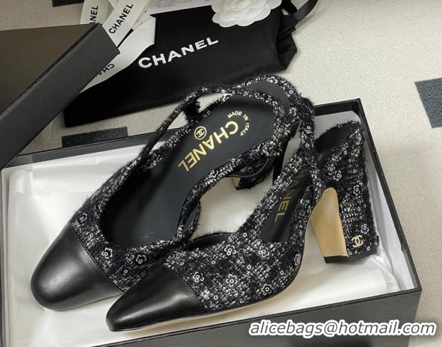 Perfect Chanel Camellia Tweed & Lambskin Leather Slingbacks Pump 9cm G45509 Black 2026