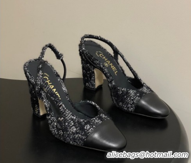 Perfect Chanel Camellia Tweed & Lambskin Leather Slingbacks Pump 9cm G45509 Black 2026