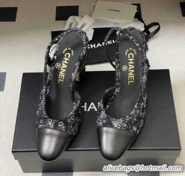 Perfect Chanel Camellia Tweed & Lambskin Leather Slingbacks Pump 9cm G45509 Black 2026