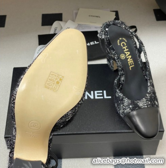 Perfect Chanel Camellia Tweed & Lambskin Leather Slingbacks Pump 9cm G45509 Black 2026