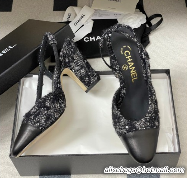 Perfect Chanel Camellia Tweed & Lambskin Leather Slingbacks Pump 9cm G45509 Black 2026