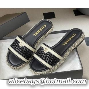 Hot Style Chanel Braided Calfskin Leather Flat Slides Sandal CH030901 Black 2026