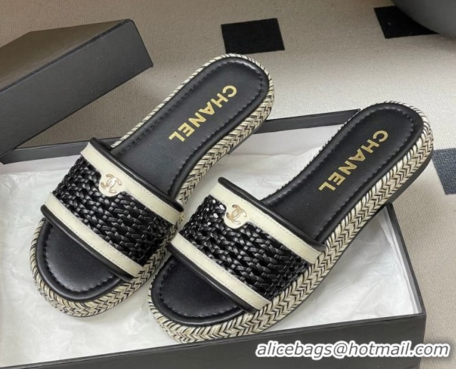Hot Style Chanel Braided Calfskin Leather Flat Slides Sandal CH030901 Black 2026