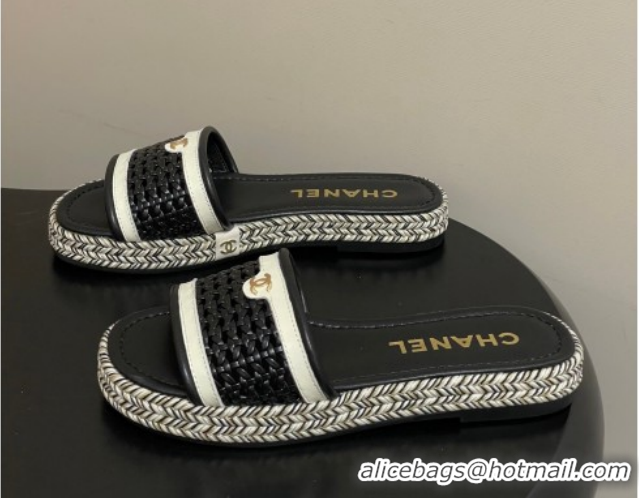 Hot Style Chanel Braided Calfskin Leather Flat Slides Sandal CH030901 Black 2026