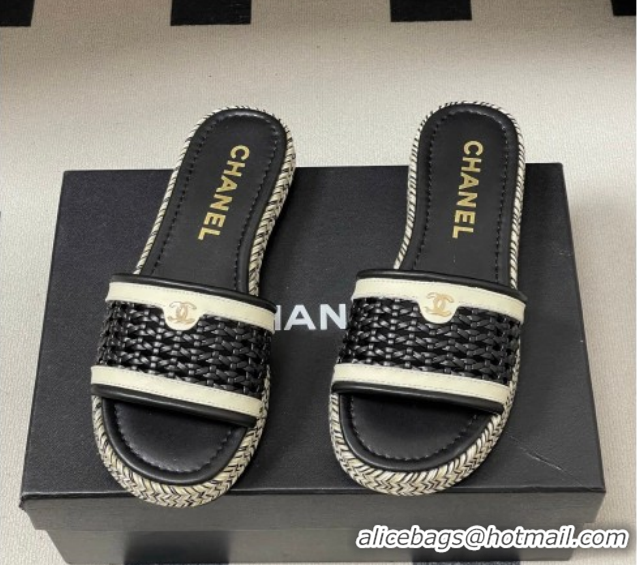 Hot Style Chanel Braided Calfskin Leather Flat Slides Sandal CH030901 Black 2026