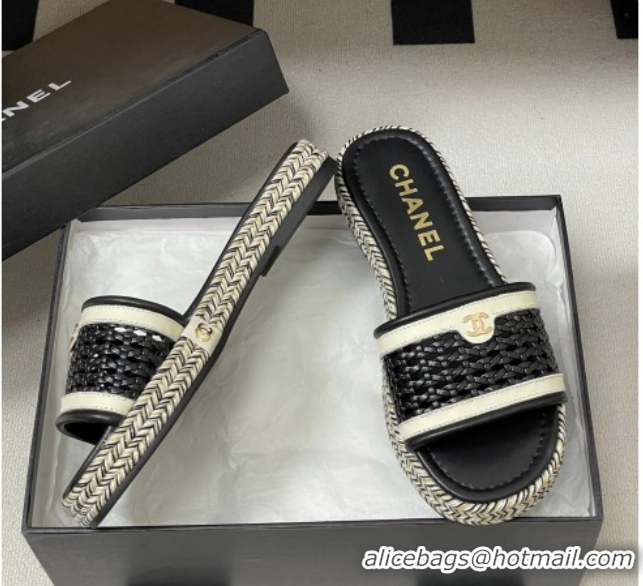 Hot Style Chanel Braided Calfskin Leather Flat Slides Sandal CH030901 Black 2026