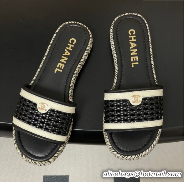 Hot Style Chanel Braided Calfskin Leather Flat Slides Sandal CH030901 Black 2026