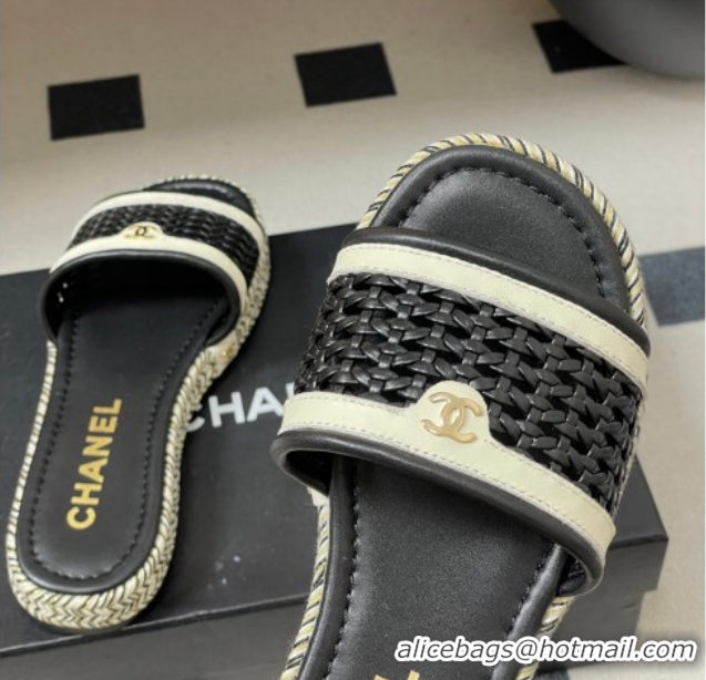 Hot Style Chanel Braided Calfskin Leather Flat Slides Sandal CH030901 Black 2026