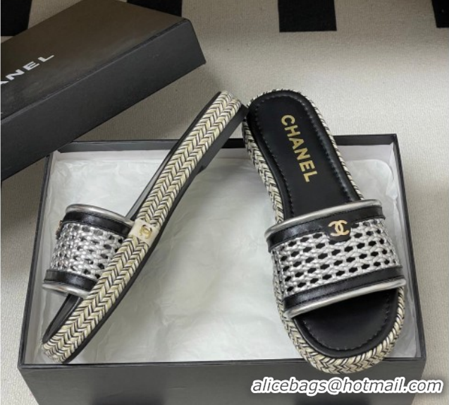 Sumptuous Chanel Braided Calfskin Leather Flat Slides Sandal CH030901 Silver 2026