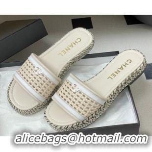Stylish Chanel Braided Calfskin Leather Flat Slides Sandal CH030901 Beige/White 2026