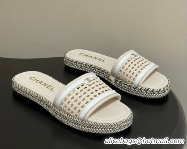 Stylish Chanel Braided Calfskin Leather Flat Slides Sandal CH030901 Beige/White 2026