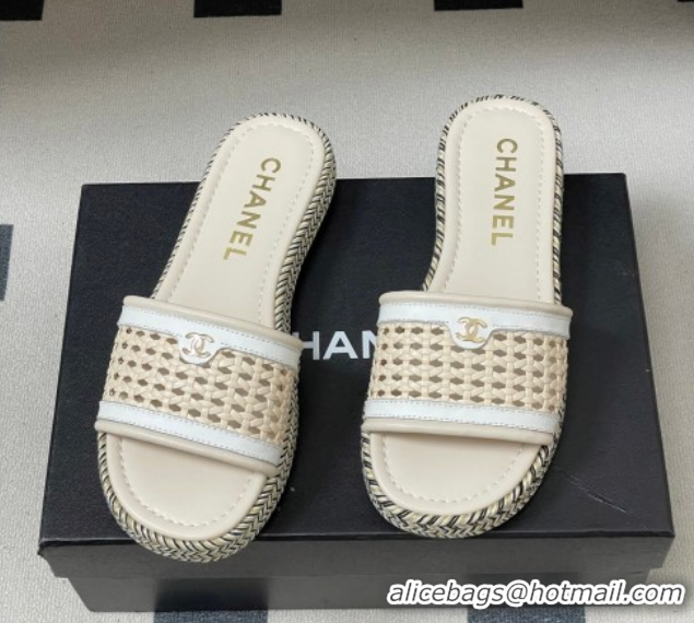 Stylish Chanel Braided Calfskin Leather Flat Slides Sandal CH030901 Beige/White 2026