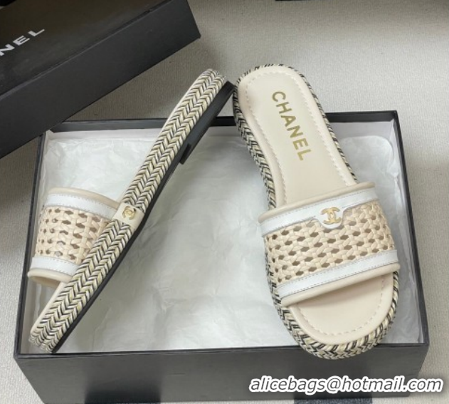 Stylish Chanel Braided Calfskin Leather Flat Slides Sandal CH030901 Beige/White 2026