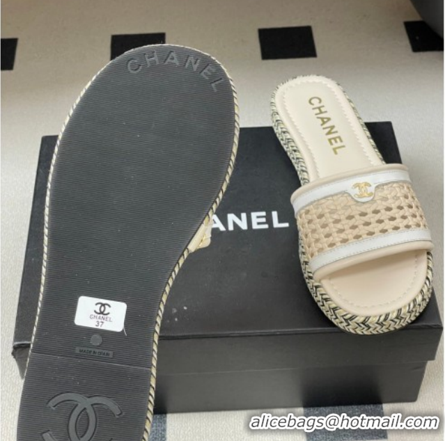 Stylish Chanel Braided Calfskin Leather Flat Slides Sandal CH030901 Beige/White 2026