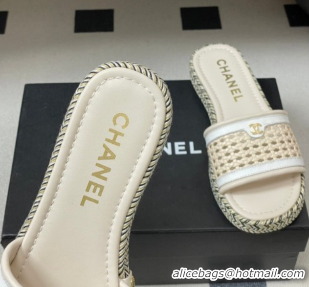 Stylish Chanel Braided Calfskin Leather Flat Slides Sandal CH030901 Beige/White 2026