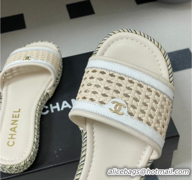 Stylish Chanel Braided Calfskin Leather Flat Slides Sandal CH030901 Beige/White 2026
