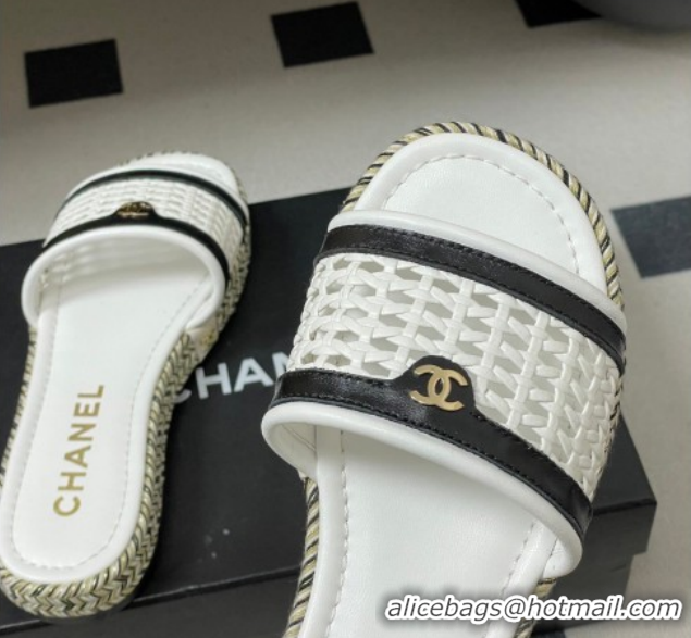 Charming Chanel Braided Calfskin Leather Flat Slides Sandal CH030901 2White 2026