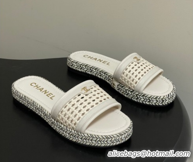 Duplicate Chanel Braided Calfskin Leather Flat Slides Sandal CH030901 Light Beige 2026