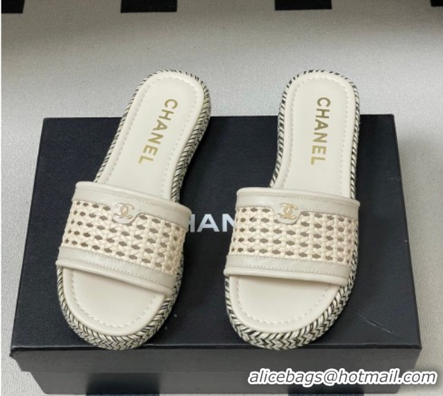 Duplicate Chanel Braided Calfskin Leather Flat Slides Sandal CH030901 Light Beige 2026
