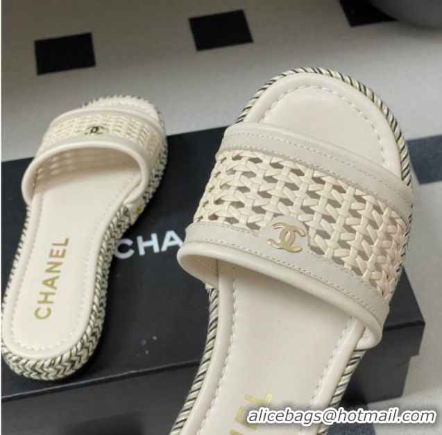 Duplicate Chanel Braided Calfskin Leather Flat Slides Sandal CH030901 Light Beige 2026