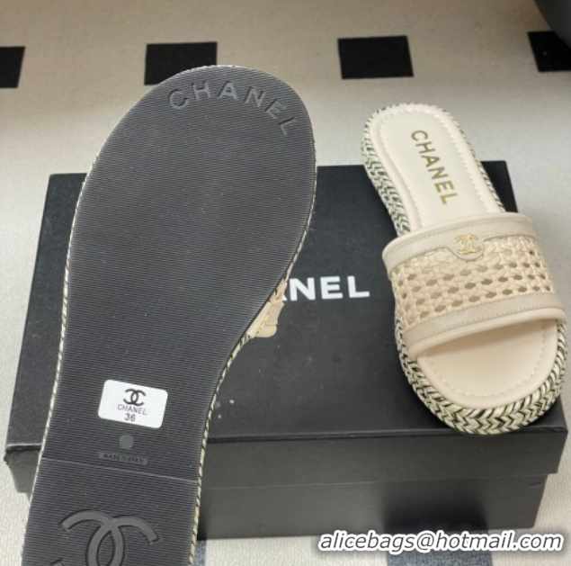 Duplicate Chanel Braided Calfskin Leather Flat Slides Sandal CH030901 Light Beige 2026