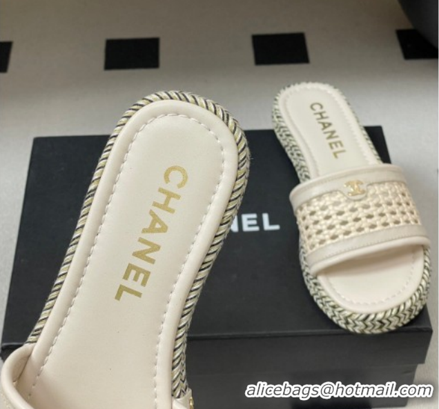 Duplicate Chanel Braided Calfskin Leather Flat Slides Sandal CH030901 Light Beige 2026